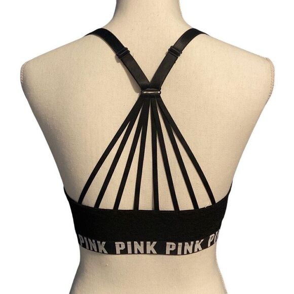 PINK Victoria's Secret Strappy Back Lace Front Snap Push-up Bra Black 34DD - Picture 1 of 5